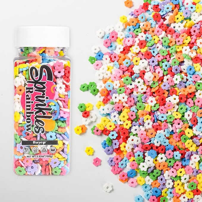 Bayep Rainbow Sprinkles for Cake Decorating Flowers Bulk Sprinkles for Ice Cream, Cookies, Baking, Cupcake Topper Colorful Sprinkles Perfect for Birthday Party Christmas Holiday Supplies 3.52 Ounce