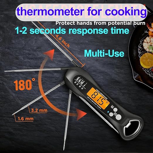 Instant Read Meat Thermometer for Cooking – Waterproof Digital Food Thermometer with Backlit LCD, Long Probe, Fast Accurate Kitchen Thermometer for BBQ, Grill, Candy & Oil (°C/°F)