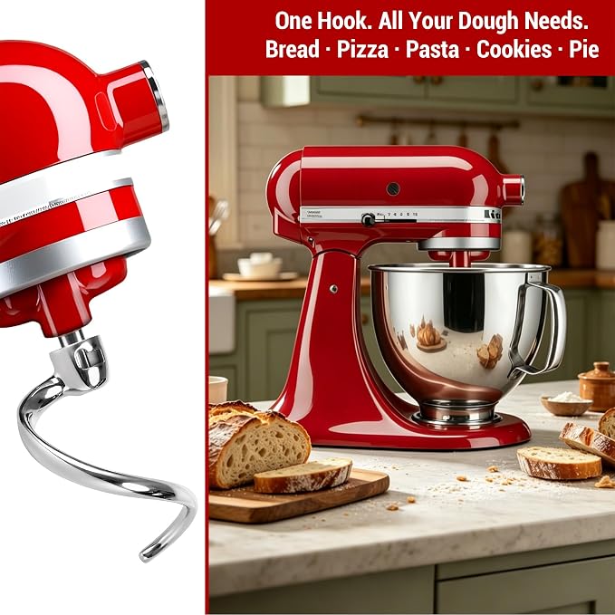 Stainless Steel Spiral Dough Hook for KitchenAid 4.5QT & 5QT Tilt-Head Stand Mixer, Efficient Dough Hook Attachment for Bread, Pizza & Pasta, Dishwasher Safe