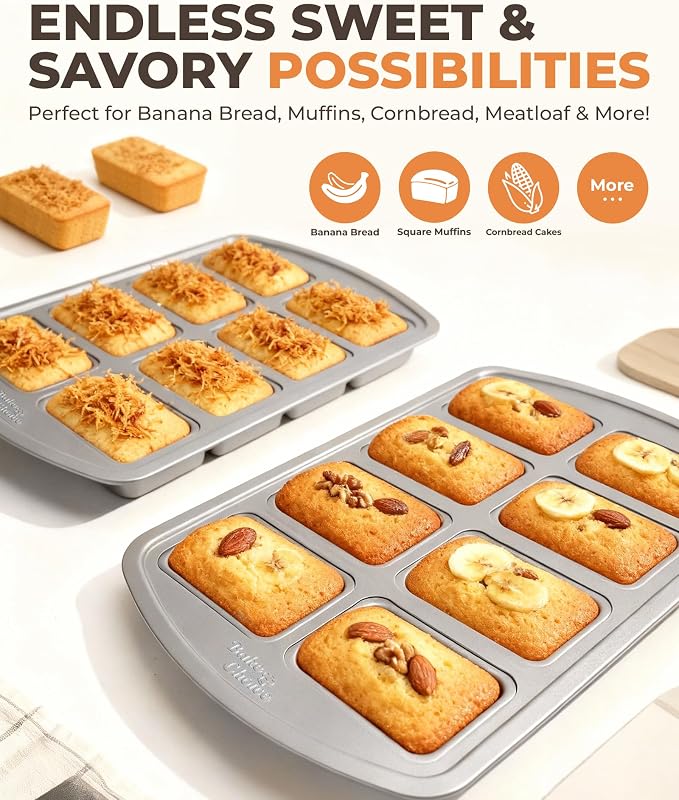 Bake Choice Mini Loaf Pan, 8-Cavity Non-Stick Carbon Steel Baking Pans Set for Banana Bread, Cornbread, Cheesecake, Muffins, Pound Cake, Small Meatloaf, Bread Pan