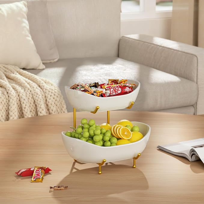 2 Tier Ceramic Fruit Bowl for Kitchen Counter – Fruit Basket with Gold Metal Stand, Holder for Snacks, Nuts, Cakes, Desserts, Bread, Candy Storage
