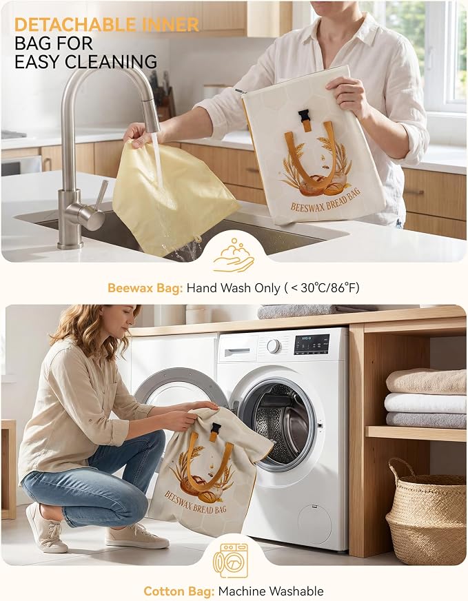 Yofidra Beeswax Bread Bag for Sourdough & Homemade Bread (Reusable & Eco-Friendly) - 100% Natural Beeswax & Cotton, Stylish Bag Design, Detachable for Easy Cleaning, Long-Lasting Freshness (2 Packs)