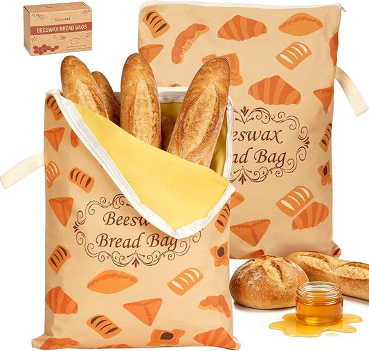 2 Pack Reusable Cotton Sourdough Beeswax Bread Bags with Wide Zipper, Brown | XL(13.3x16.9in) Portable Bread Storage with Handle, Washable, Keep Fresh, Fit Homemade Sourdough Bread, Ideal for Gift-Giving