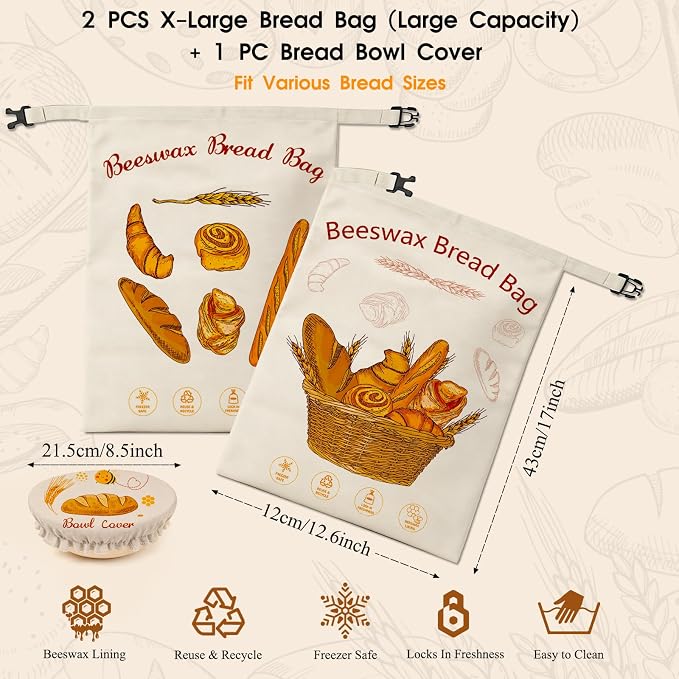 Beeswax Bread Bags for Sourdough, 2 Pack XL Reusable Pure Cotton Organic Beeswax Bread Bag with Bowl Cover, 17 x 13 Inch Bread Bags for Homemade Bread, Keep Fresh, Freezer Safe for Baking, Camping