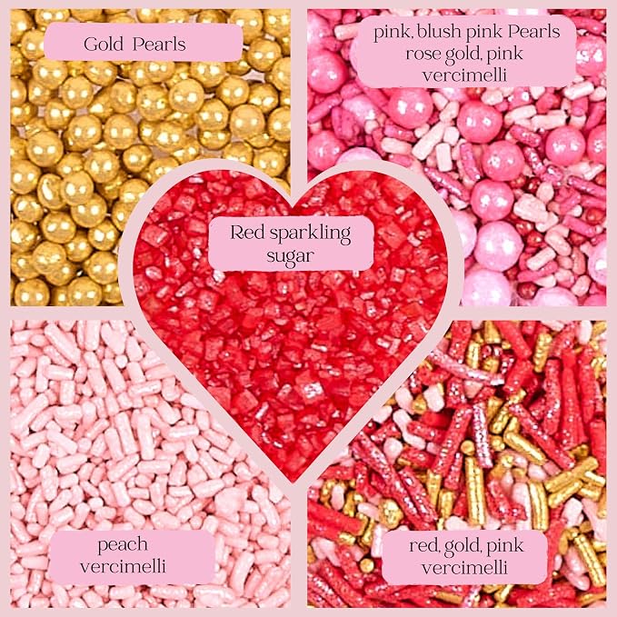 Confect Princess Dream Sprinkles – 5 Pack Assorted Cake Decorating Mix (Teal Jimmies, Pink, Red, Gold & White Pearl Dragees, Deep Red Sparkling Sugar) – Elegant Toppings for Cakes, Cupcakes, Cookies – Vegan, Gluten-Free, Nut-Free, Soy-Free, Dairy-Free,...