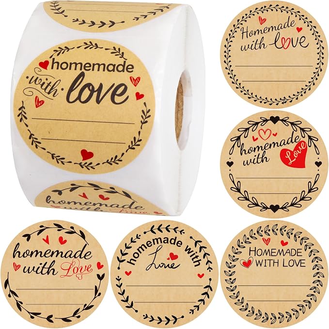 Fancy Land 500Pcs Homemade with Love Stickers with Lines Jar Canning Labels for Baked Packaging Cookie Bags Roll 2”