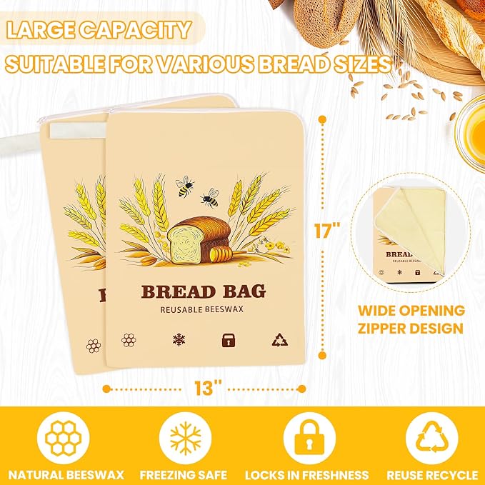 2 Pack Wide Zipper Access Beeswax Bread Bags for Sourdough Bread, Reusable Organic Linen Beeswax Bread Bag for Homemade Sourdough for Homemade Bag to Keep Fresh Longer, Kitchen Storage (Oatmeal)