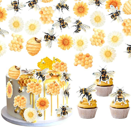 63 PCS Edible Bumble Bee Cupcake Toppers Honey Bee Daisy Cupcake Picks Edible Sunflower Oh Babee Cupcake Decorations for Bee Theme Baby Shower Kids Birthday Party Cake Food Decorations Supplies
