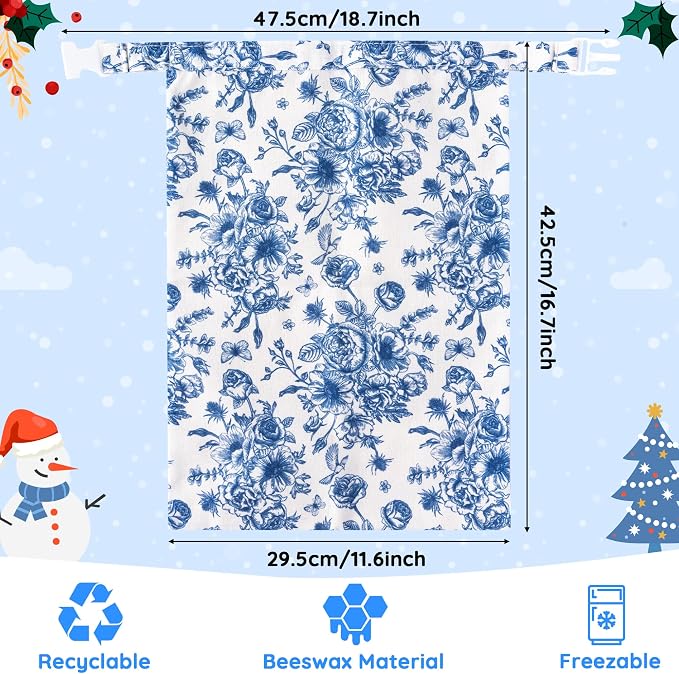 Reusable Beeswax Bread Bags - 2 Pack Bees Wax Homemade Sourdough Bread Storage Bags, Linen Cotton Large Beeswax Freezer for Home Kitchen Baking (Blue White Checkered, Flower)