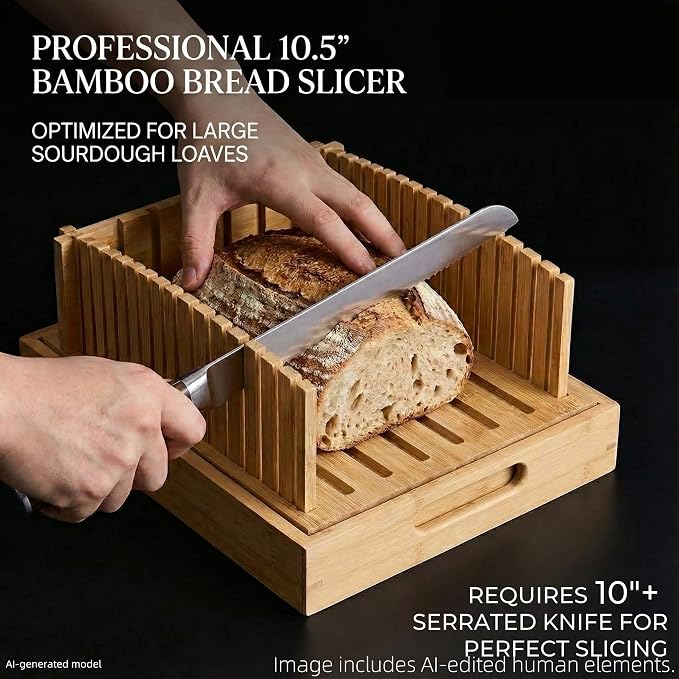 10.5" Extra Sourdough Bread Slicer Guide - Premium Bamboo Bread Cutter with Crumb Tray & Serving Board - Artisan Bread Slicing Guide for Homemade Boules, Sourdough Tools & Gifts