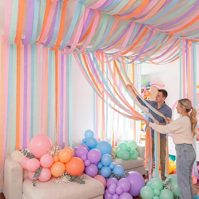 132 Pcs Pastel Birthday Party Balloons Decor with 197ft Crepe Paper Streamers Kits Rainbow Macaron Assorted Color Balloon Arch for Baby Shower Gender Reveal Ice Cream Party Wedding Unicorn