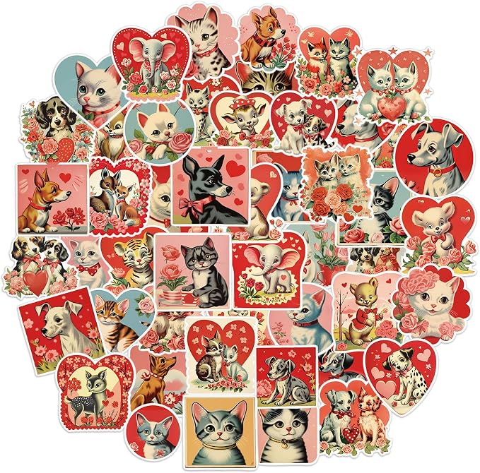FaCraft 50PCS Love Stickers for Scrapbooking - Cute Animal Aesthetics Sticker for Phone Caps Luggage Envelope Laptop Water Bottles Boxes Cat Dog Valentines Stickers for Couples Adults Teens Kids Women