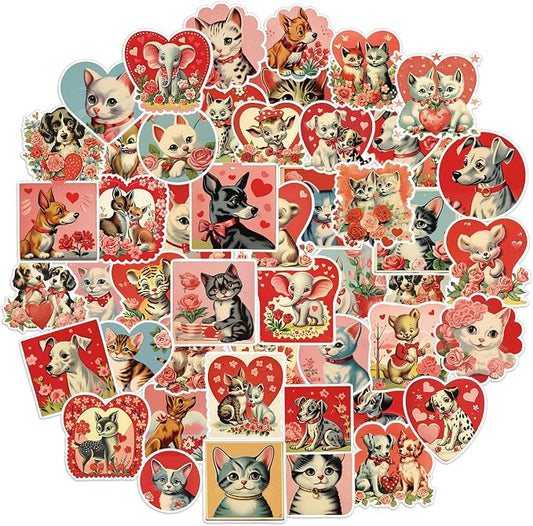 FaCraft 50PCS Love Stickers for Scrapbooking - Cute Animal Aesthetics Sticker for Phone Caps Luggage Envelope Laptop Water Bottles Boxes Cat Dog Valentines Stickers for Couples Adults Teens Kids Women