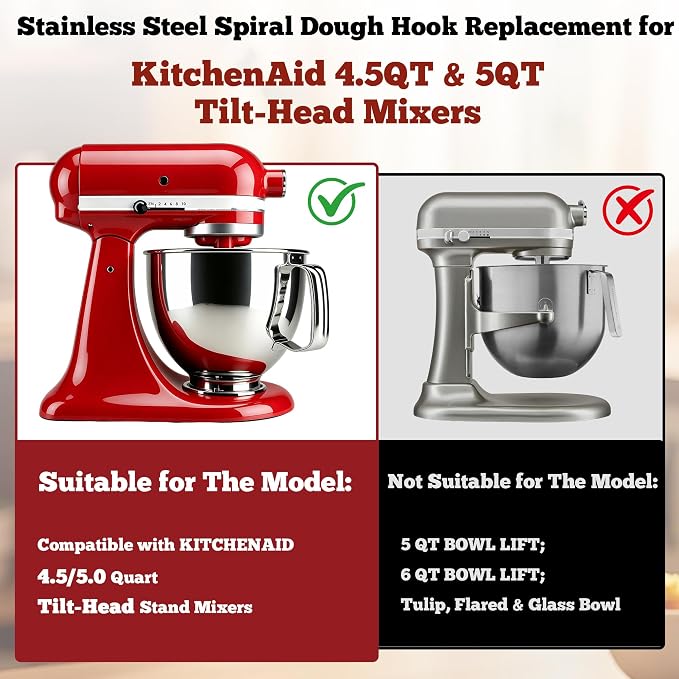 Stainless Steel Spiral Dough Hook for KitchenAid Tilt-Head Stand Mixer, Dough Hook Attachment Compatible with 4.5QT & 5QT Mixers, Dishwasher Safe, Efficient Kneading for Bread, Pizza & Pasta Dough | Heavy-Duty Construction Rust Resistant Food-Grade Eas...