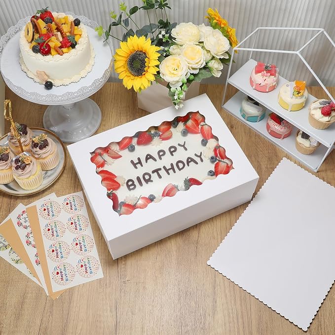 COTOPHER 14x10x4 In Sheet Cake Boxes, 16 Pcs White Bakery Boxes with Large Window (8 Boxes & 8 Boards), Cake Containers for Quarter Cakes, Donuts, Cupcakes, Brownie, Pastry & Pies Packaging