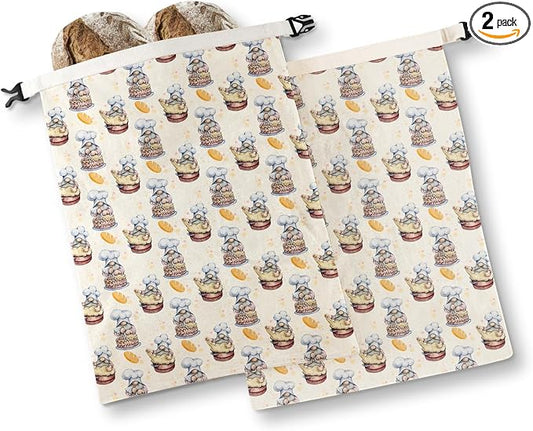 Beeswax Bread Bags for Sourdough & Homemade Bread, 2 Pack Reusable Cotton, 17"x13", Gnome