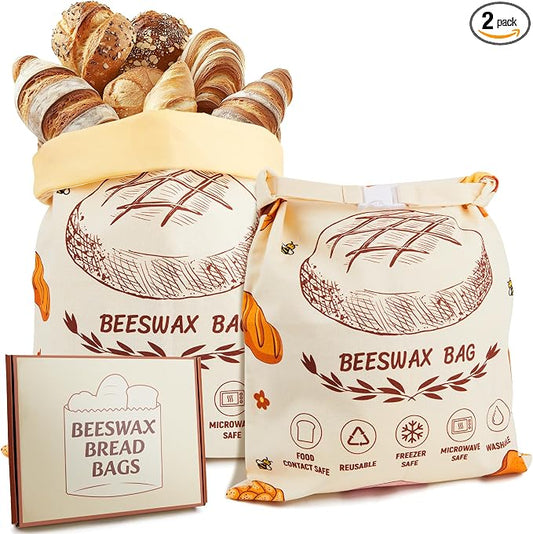 Beeswax Bread Bags for Homemade Bread, 2pcs Reusable Cotton Bread Bags, 17''x13'' Sourdough Storage, Large Reusable Bread Bag, Eco-Friendly Loaf Guard