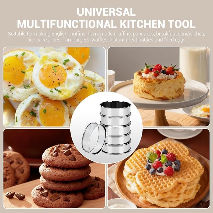 24 Packs Cookie Rings for Baking, 3 Inch English Muffin Ring, Round Metal Pastry Molds, Double Rolled Stainless Steel Tart Maker with Silicone Brush, Cooking Pancake Tools