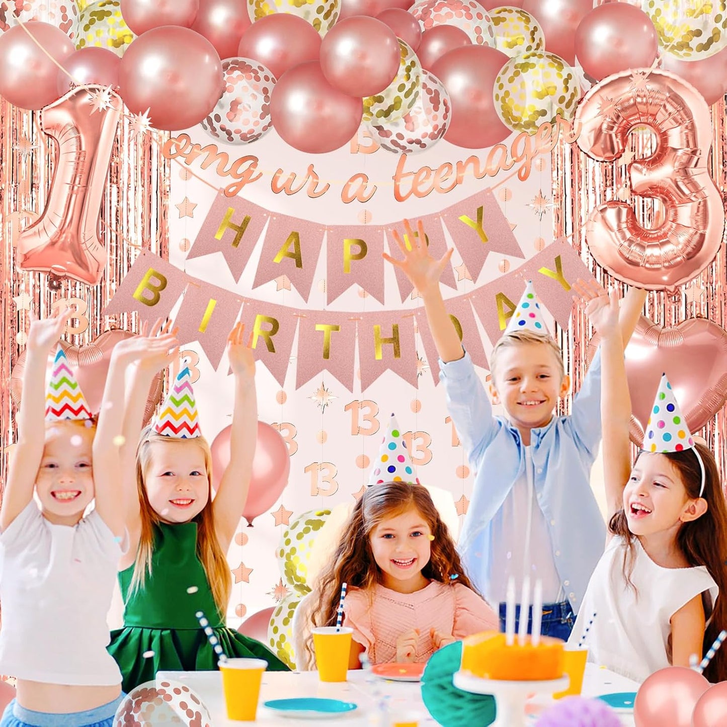 ZERODECO Rose Gold Birthday Party Decorations 13th, Happy Birthday Banner Fringe Curtain 13 Garland Heart Star Foil Confetti Balloons for Women Girls Queen Princess Party