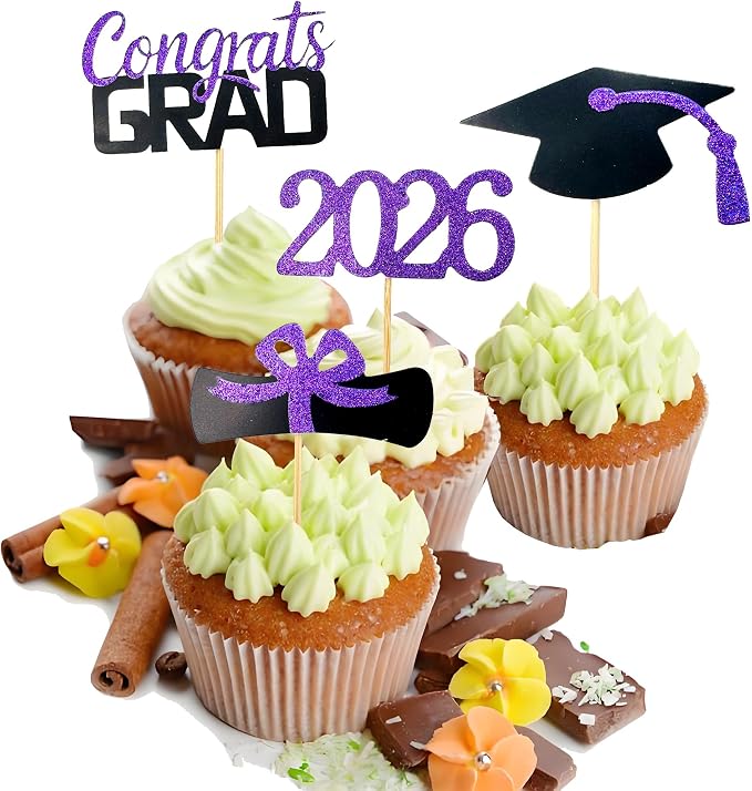 YuBoBo 2026 Graduation Cupcake Toppers, 48 PCS Food/Appetizer Picks For Graduation Party Mini Cake Decorations, Diploma, 2026, Grad Cap Set 48 Pieces (05 Purple)