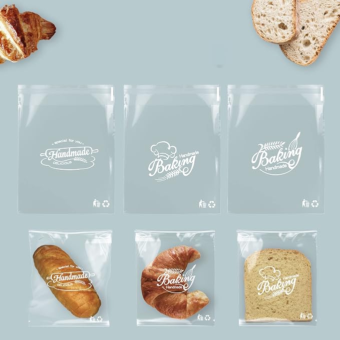 200pcs 6 x 7 Inch Baking Patterns Self Adhesive Packaging Bags, Clear Plastic Self Sealing Cellophane OPP Resalable Treat Bags for Bakery, Cookies, Homemade Bread Daily Use