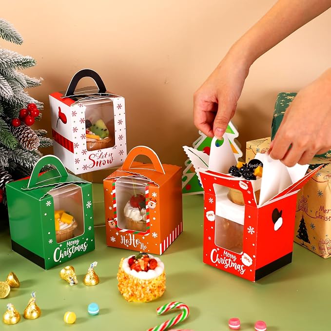 TaoBary 24 Pcs Christmas Cupcake Boxes Xmas Individual Cupcake Box Christmas Cookie Boxes with Window Insert Handle Muffin Pastry Holder Bakery Treat Box for X-mas Party(Snowman)