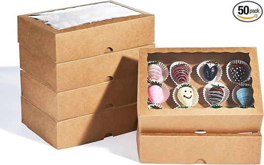 50PCS 10x7x2.5 inches Brown Chocolate Covered Strawberries Boxes with Display Window, Sweet Treat Boxes for Cookies, Donuts, Macarons, Muffins& Hot Coca Bombs Party Favor