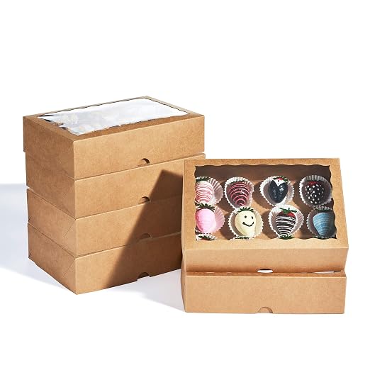 12PCS 10 x 7 x 2.5 inches One Piece Premium Strawberry Boxes, Cookie Boxes, Natural Kraft Brown Bakery Box with Display Window