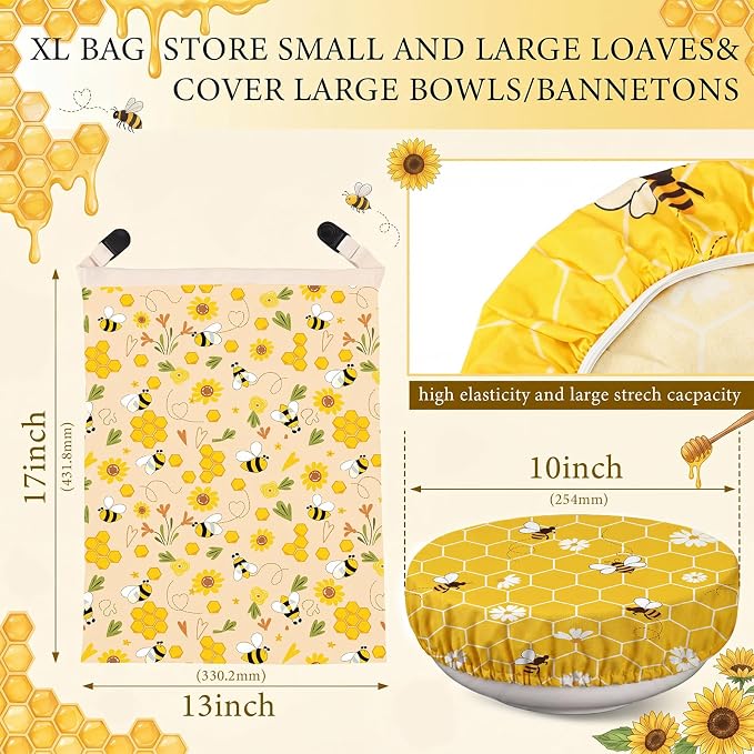 2 Pack Reusable Beeswax Bread Bags for Homemade Sourdough XL 17x13 Inch Beeswax Bread Bags for Storage Large Linen Bowl Cover Keeping Fresh Longer Safe Storage(Bee)