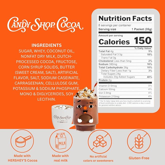 Candy Shop Cocoa REESE'S Peanut Butter Cup Cocoa Mix Hot Chocolate Make Hot or Iced Cocoa Made With Real Milk Gluten Free 1.25 oz packet (8 count)