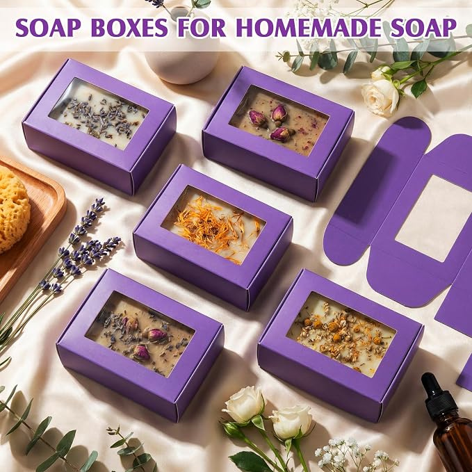 Zonon 30 Pcs Soap Boxes for Homemade Packaging, Mini Kraft Boxes with Window for Bakery Candy Soap Making Gift Packaging, 3.7x2.6x1.4 Inch (Purple)
