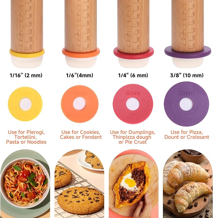 Adjustable Rolling Pin with Thickness Rings for Baking, 13.6" with 4 Multicolored Thickness Ring, Wood Dough Roller for Baking Fondant, Pizza, Cookie, Bread, Pie Crusts