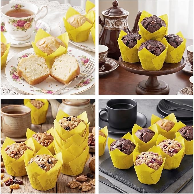 200 Pcs Yellow Tulip Cupcake Liners for Baking, Standard Size | Standard Greaseproof Tulip Muffin Liners for Baking, 3oz Yellow Paper Cupcake Wrappers for Party Wedding Birthday