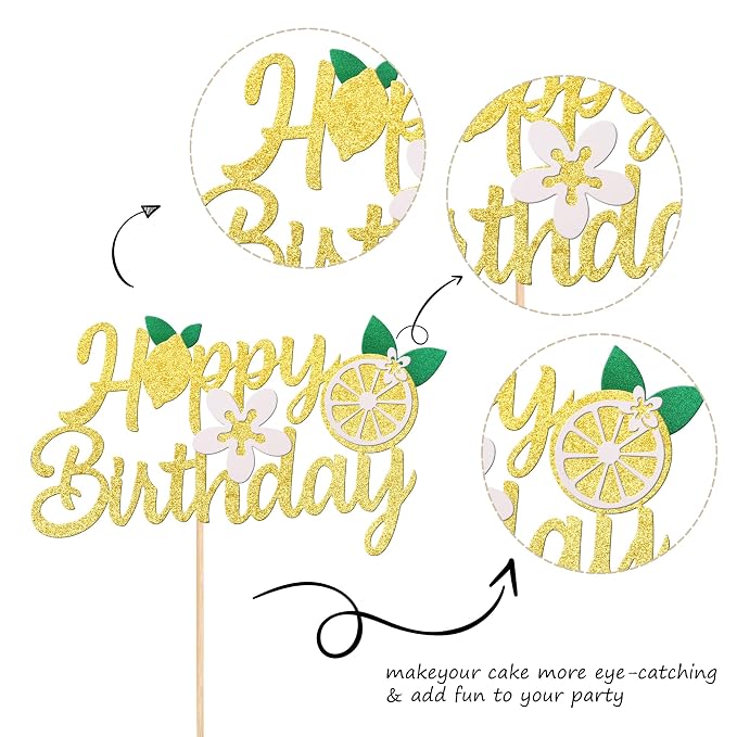 1 PCS Lemon Happy Birthday Cake Topper Assembled Glitter Fruit Theme Lemonade Party Cake Pick Decorations for Lemon Theme Baby Shower Kids Boys Girls Birthday Party Supplies