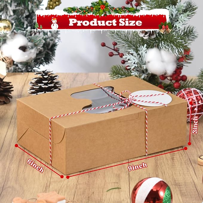 COTOPHER 18Pcs Christmas Cookie Boxes with Window, 9x6x3 inch Brown Bakery Boxes for Gift Giving, XMAS Treat Boxes Holiday Pastries Boxes for Cakes Muffins Donuts Chocolate Strawberries