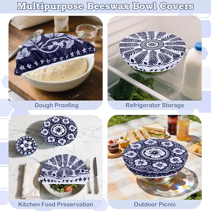 5-Size Reusable Beeswax Bowl Covers for Bread Proofing, Cotton Cloth Flexible Beeswax Wraps for Food Storage(Blue Lily)