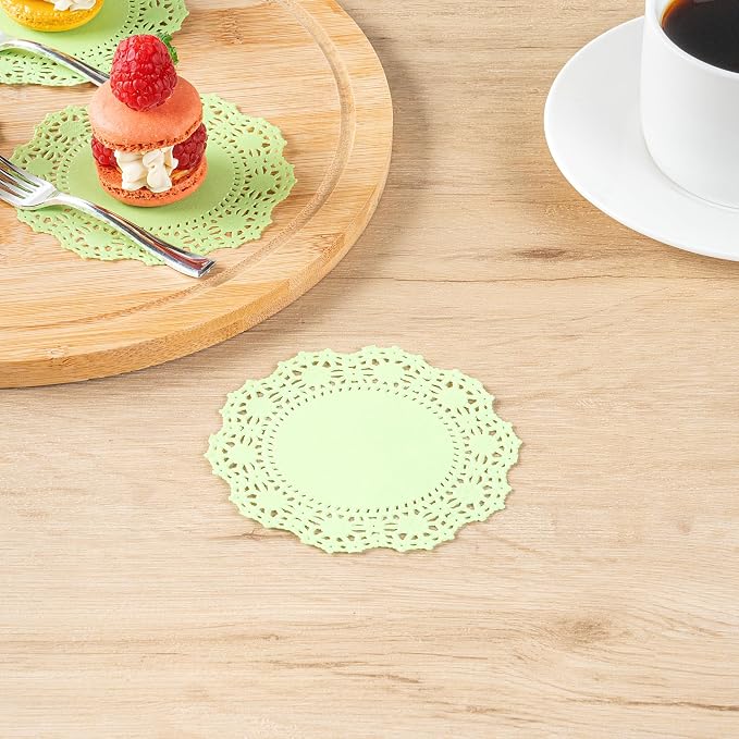 Pastry Tek 4 x 4 Inch Paper Lace Doilies, 4000 Disposable Table Doilies - Elegant Lace Finish, Long Lasting, Green Paper Doily, for Pastries, Cupcakes, Desserts - Restaurantware