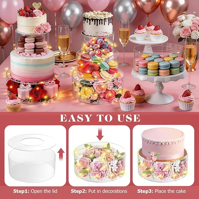 SAMYUCHO Acrylic Cake Stand with Led Lights, 2 PCS Round Cake Riser | 6"Dx4"H 10"Dx4"H, Tight Lid Design, DIY Decoration, Reusable Clear Display Cake Tier, For Party Wedding Holiday