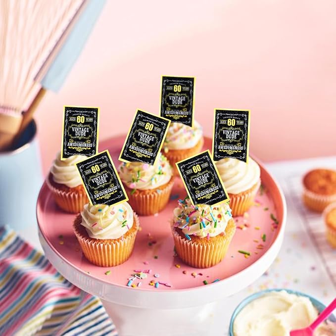 40Pcs Edible Rectangle 60th Birthday Card Cupcake Toppers Edible Golden Black 60 Vintage Dude Awesomeness Cupcake Picks Drink Toppers for 60th Vintage Birthday Anniversary Party Decorations