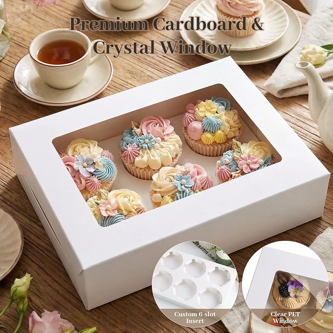 HONEYGIFTS 6 Count White Cupcake Boxes, 6 Sets Cupcake Carrier with Window Boxes Holding 36 Pastry Box for Birthday Holiday Party Bakery Supplies