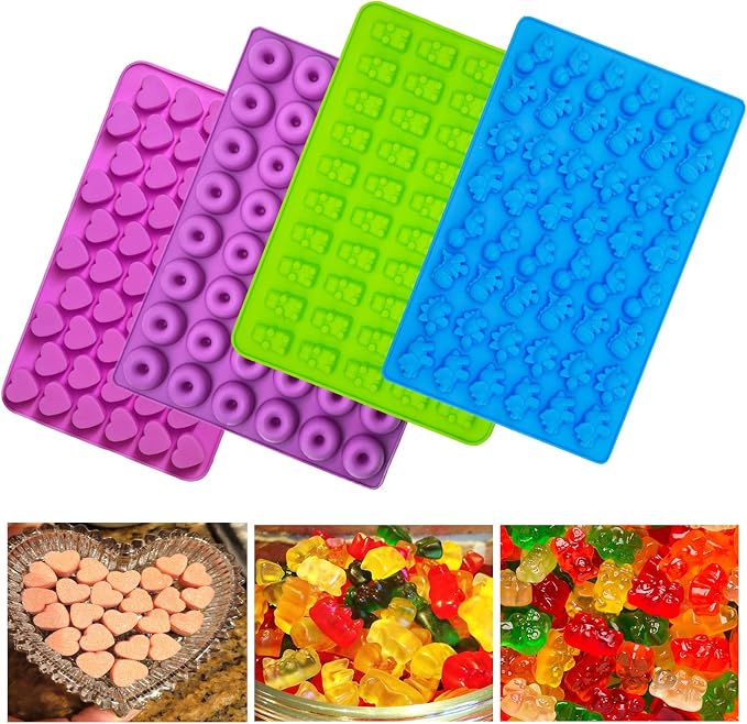 4Pcs Gummy Candy Molds - Silicone Gummy Dinosaur/Bear/Donut/Small Hearts Shapes/Snack Mold with 2pcs Dropper,Non-stick and Bpa Free for Mini Candy Chocolate Gummies Baking