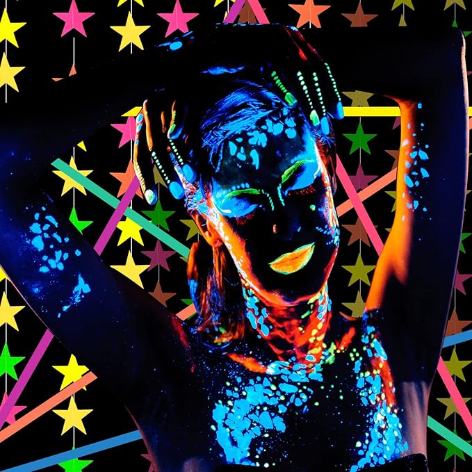 Skylety 32 Pcs Glow in The Dark Party Supplies Neon Party Favors with 25 Fluorescent Balloon 6 Rolls 98.4 ft UV Blacklight Luminous Tape 14.4 ft Neon Streamer Garland for Adults(Glitter Star)