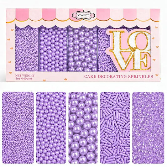 Confect Sprinkle Unicorn Paradise Edible Sprinkles – Assorted 5-Pack for Cake & Cupcake Decorating | Lavender Pearl Sprinkles Mix with Dragees, Jimmies & Sparkling Sugar | Vegan, Gluten-Free, Nut-Free – 5 Oz
