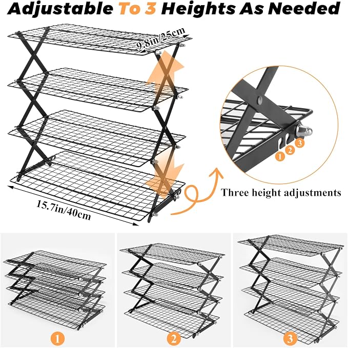 4 Tier Collapsible Cooling Racks for Cooking And Baking | 3 Setting Design, Adjustable & Stackable Cookie Cooling Racks, Dishwasher Safe Tiered Bread Cooling Rack for Picnic