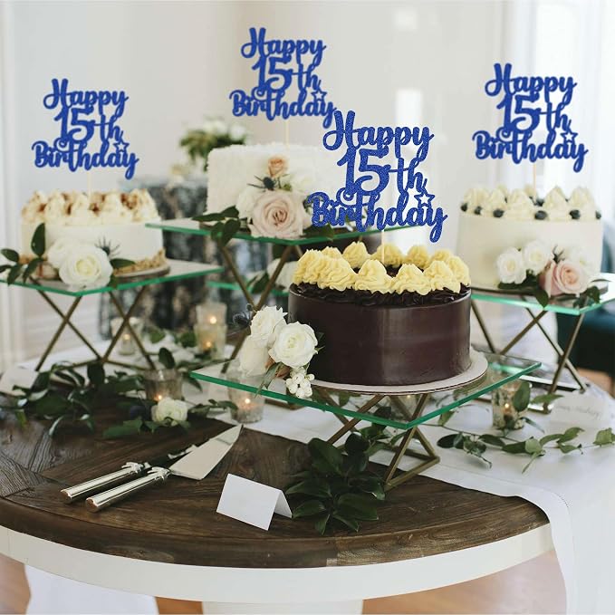 Gyufise 1Pc Happy 15th Birthday Cake Topper Glitter 15 & Fabulous Cheers to 15 Years Old Cake Pick for Celebrating 15th Birthday Anniversary Party Cake Decorations Supplies Blue