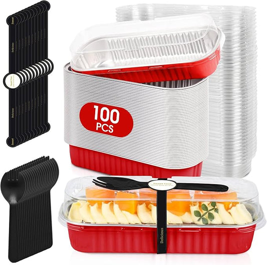 100 Pack Mini Cake Pans with Lids and Spoons, Disposable Aluminum Foil Cake Tins（6.8oz） Individual Small Cake Baking Containers for Party, Wedding, Birthday