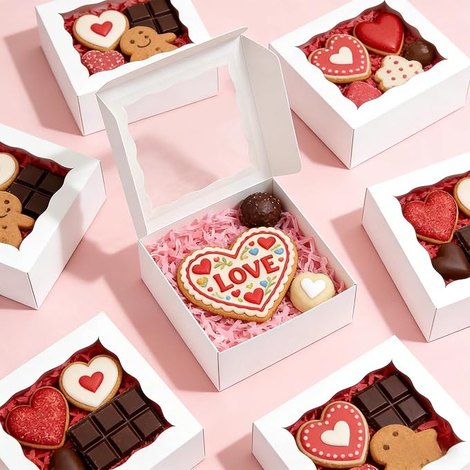 XINHPKGG 100pcs Cookie Boxes 4x4x2 Inch Bakery Boxes with Window Dessert Treat Box Chocolate Covered Strawberries Box for Wedding Party Birthday