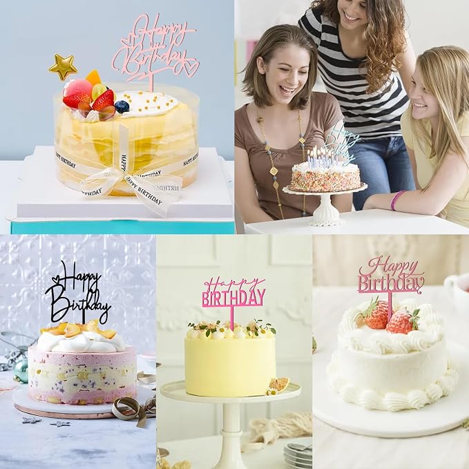 10 PCS Happy Birthday Cake Topper Set Glitter Cake Decorations in 8 Colors Black Silver Gold Rose Gold Pink Rose Red Blue Red Ideal Party Supplies for Adults Any Occasion 10 Styles