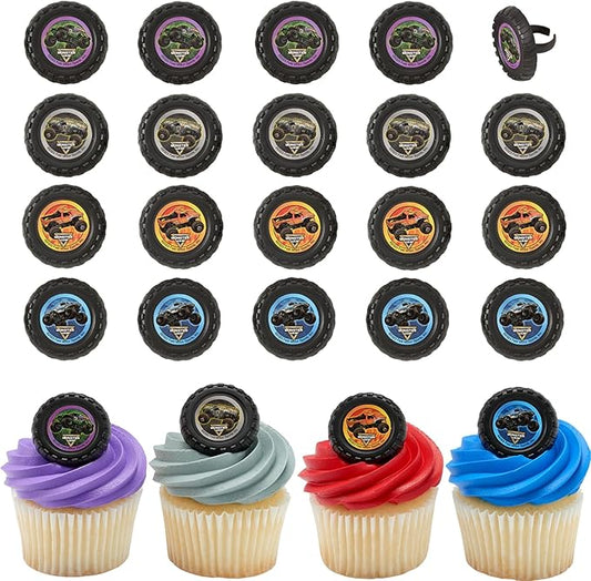 Monster Jam Rings, 24 Monster Truck Cupcake Toppers, Bright Colorful Truck Tire Cupcake Decorations, Food Safe - 24 Pack