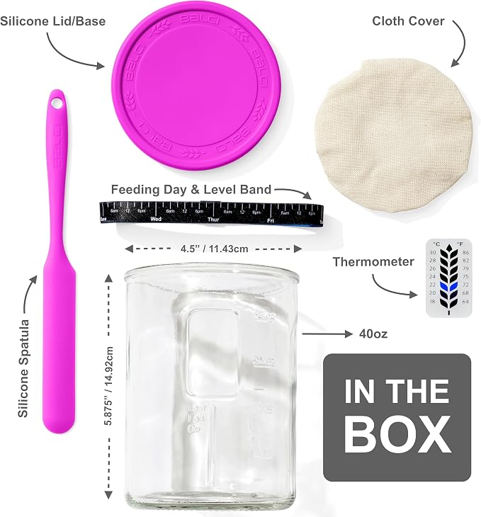 Premium Sourdough Starter Jar - 40oz Large Sourdough Jar with Marked Feeding Band, Scraper, Cloth Cover and Silicone Lid/Base, Wide Mouth Starter Kit - Pink